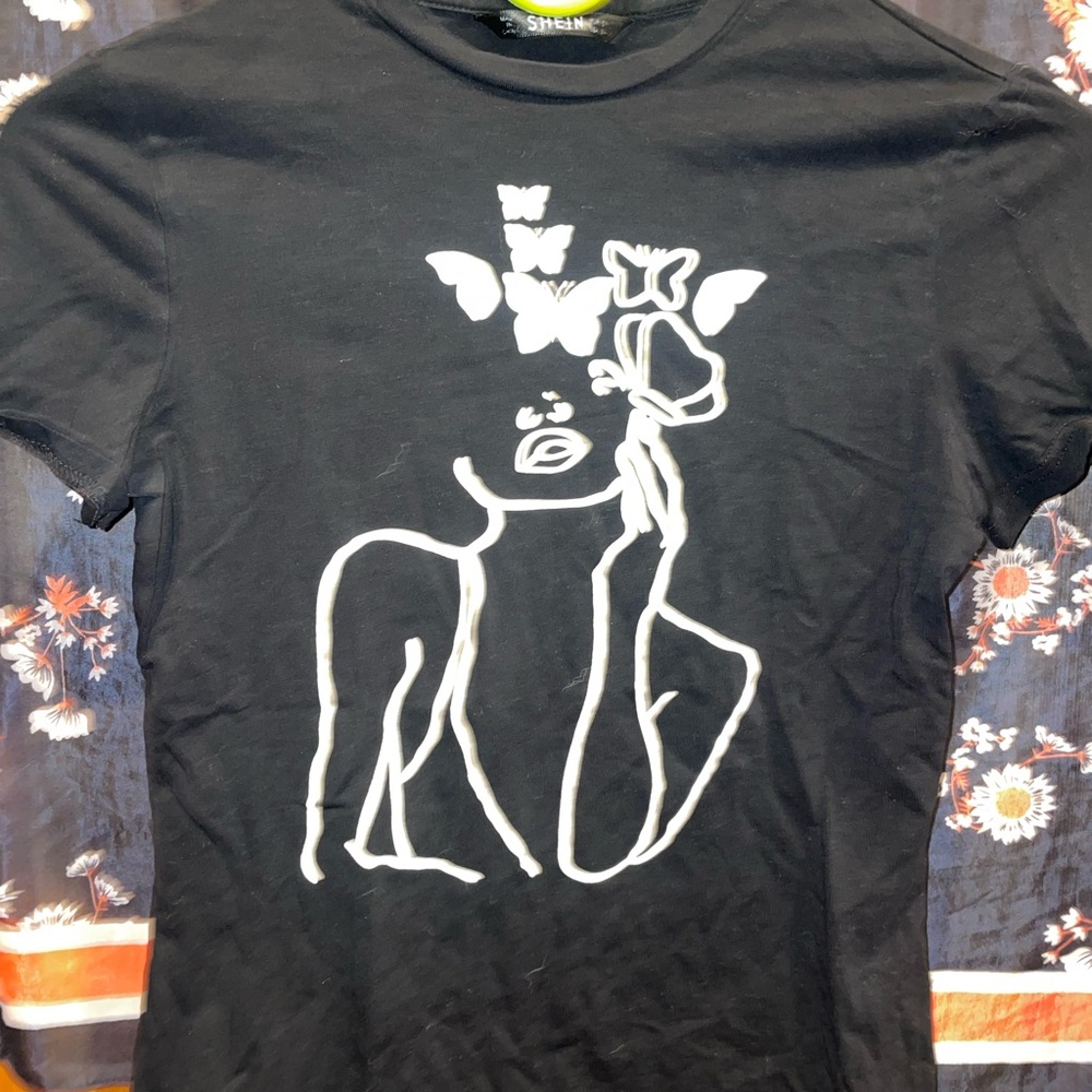 SHEIN Black Tee with White Butterfly Design